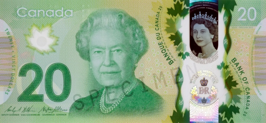 Возрастные изменения Елизаветы II на банкнотах changes on the banknotes Elizabeth 20 канадских долларов