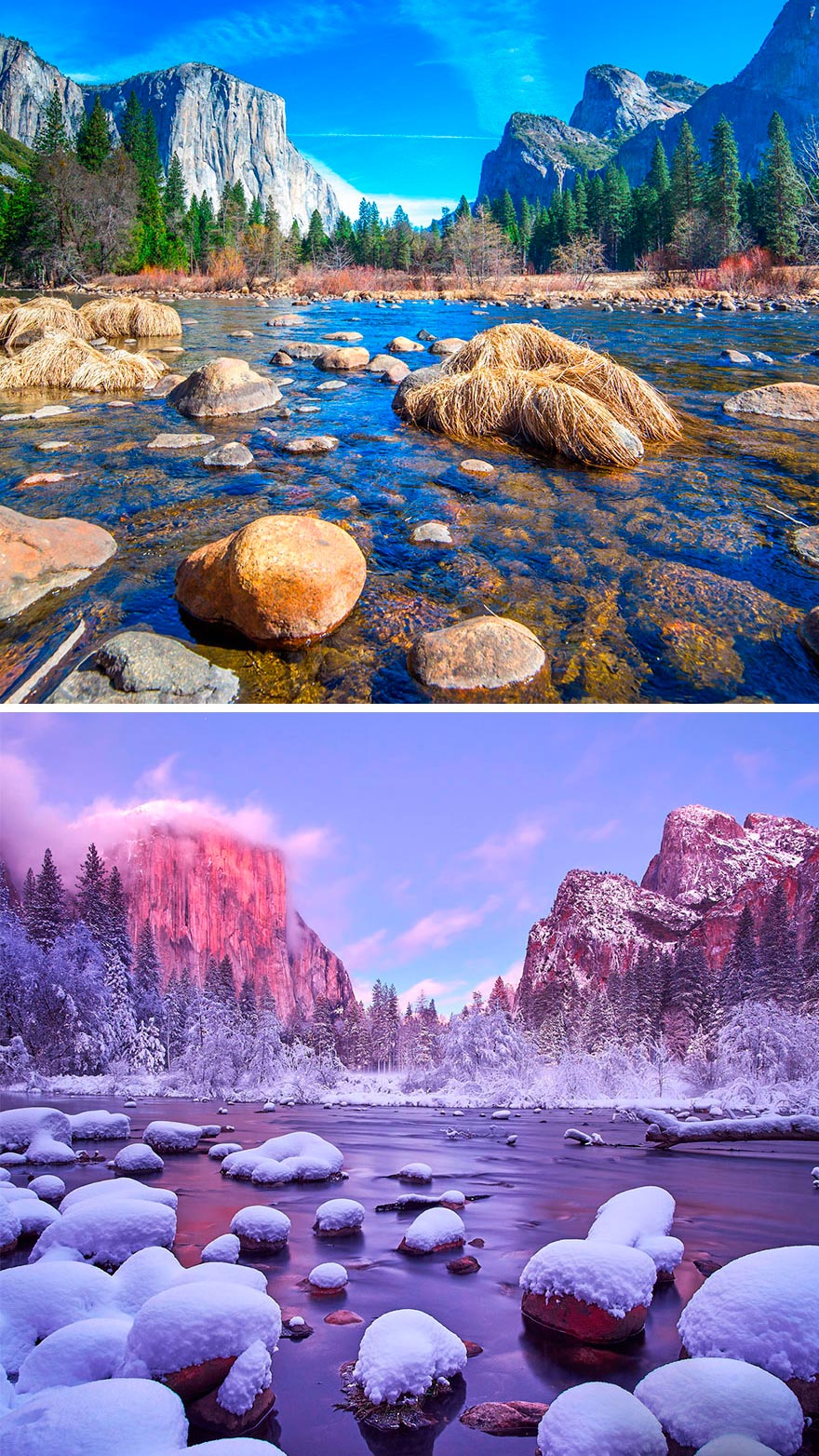 Зима против лета winter against summer Маяк Национальный парк Йосемити Калифорния США CA USA